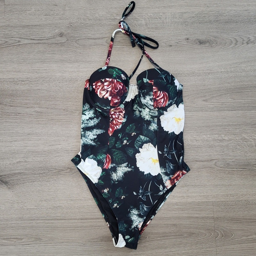 Rachel Rachel Roy Dark Floral Underwire Halter One Piece‎ Swimsuit Black Small